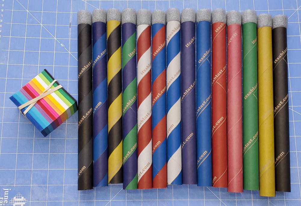 Assorted colorful It's a Blast paper rockets with fins