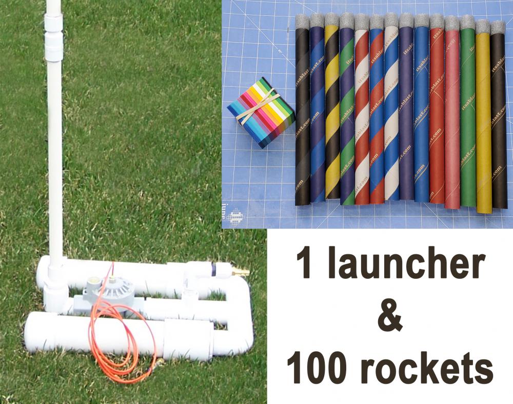 Launcher and assortment of 100 paper rockets starter package
